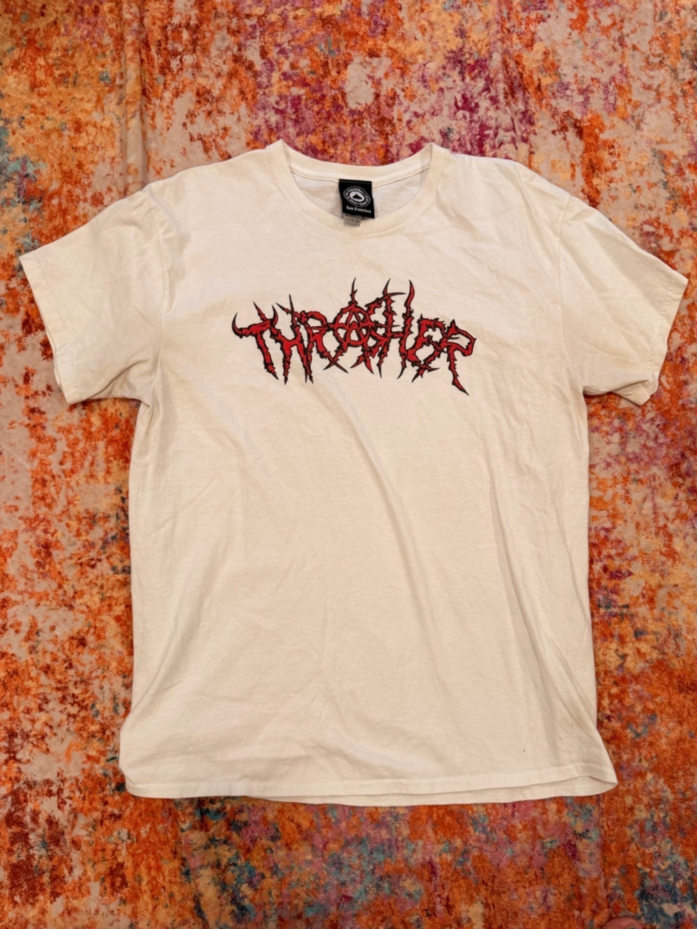 Vintage Thrasher Graphic Tee White Red Logo Skate Metal Grunge Shirt Size L